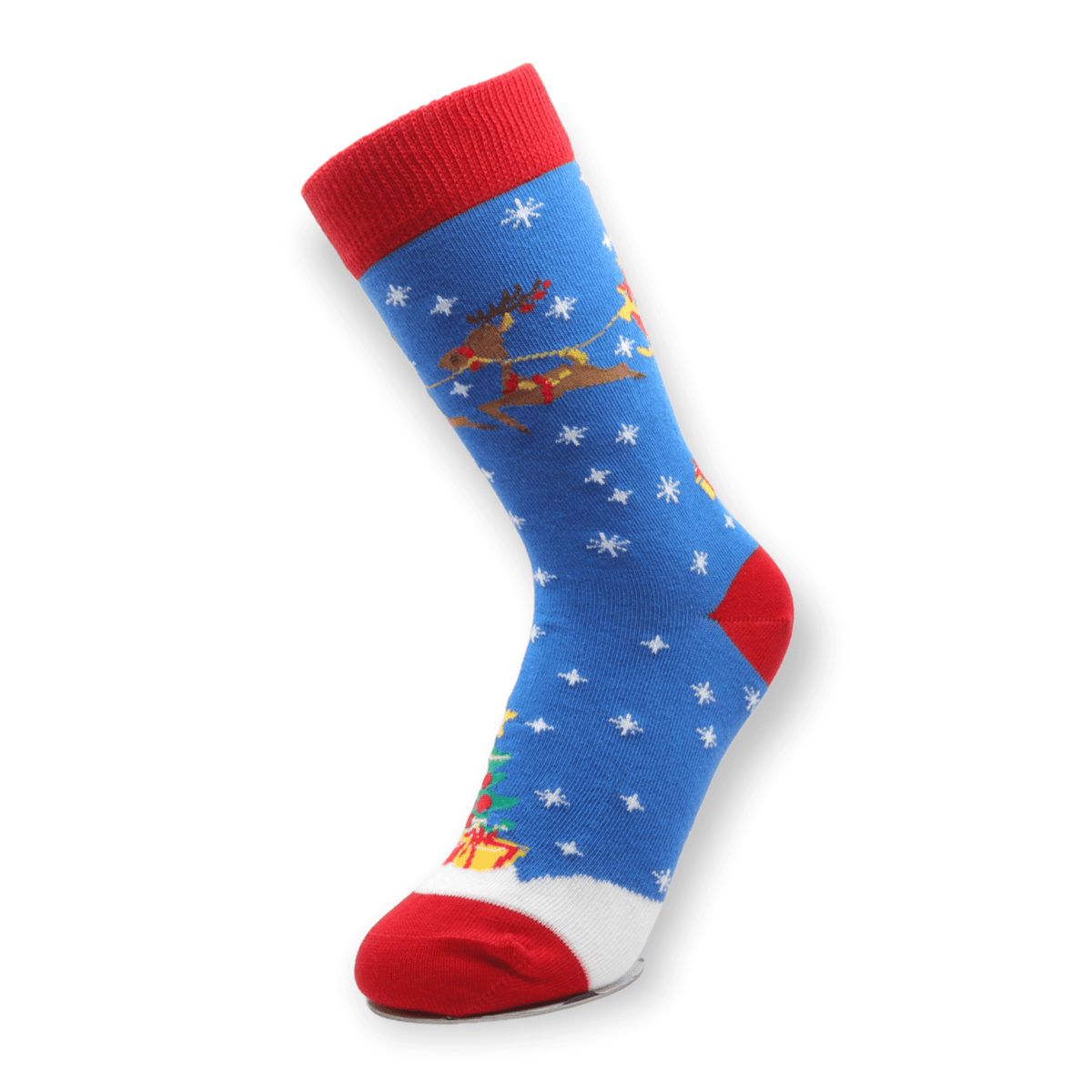 Toe and heel detail of unisex blue deer Christmas cotton socks