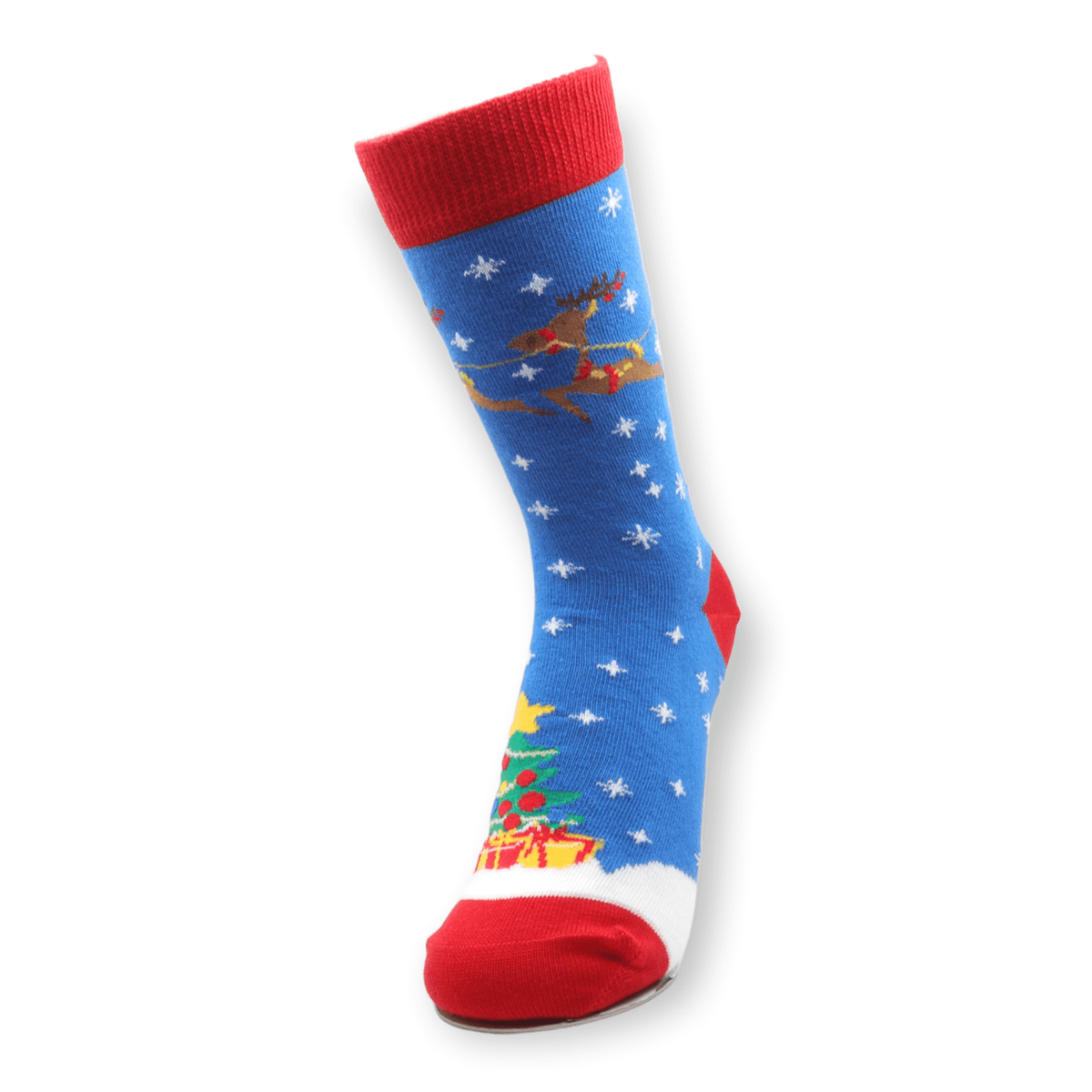 Side view of unisex blue deer Christmas cotton socks