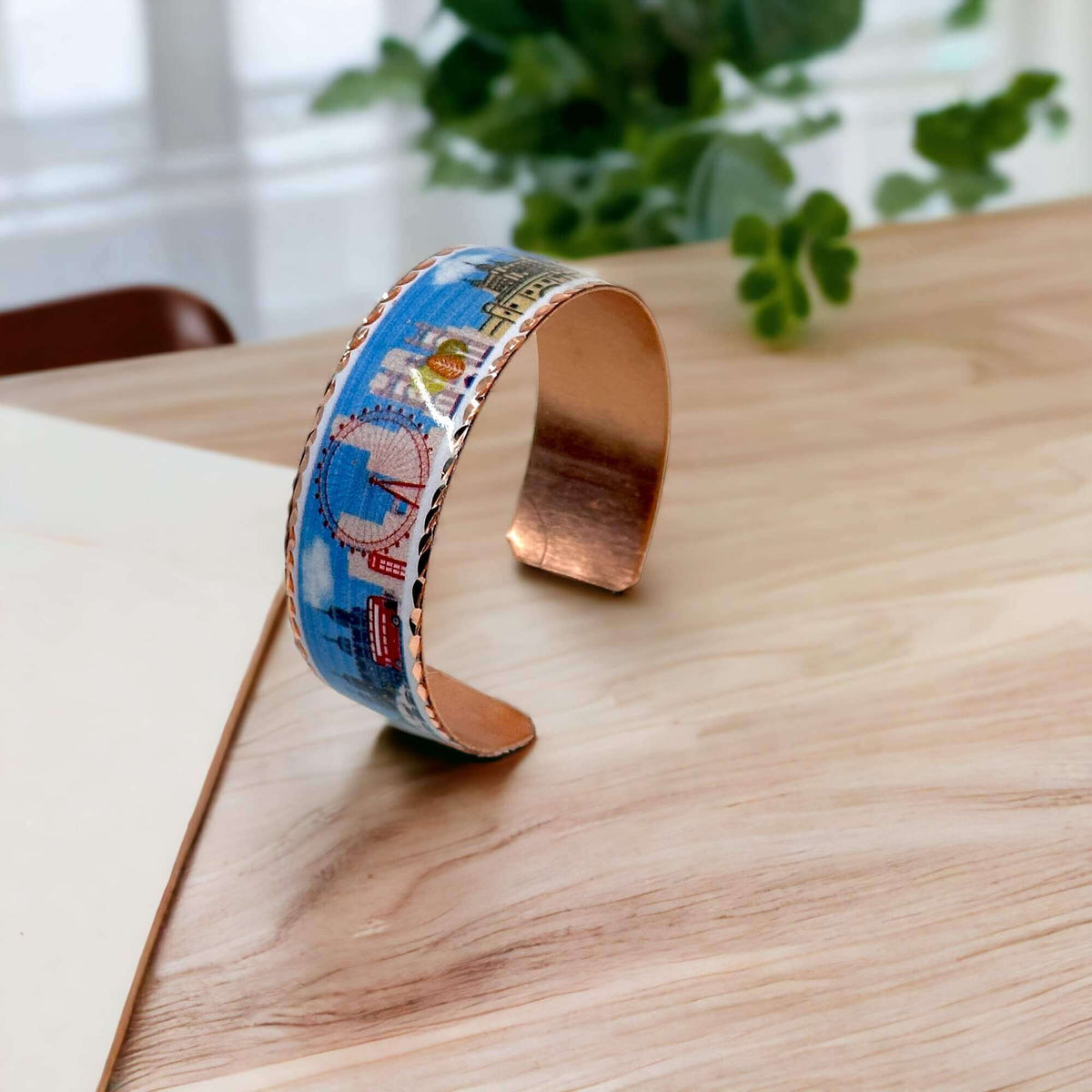 Side angle of artisan London design adjustable copper bracelet