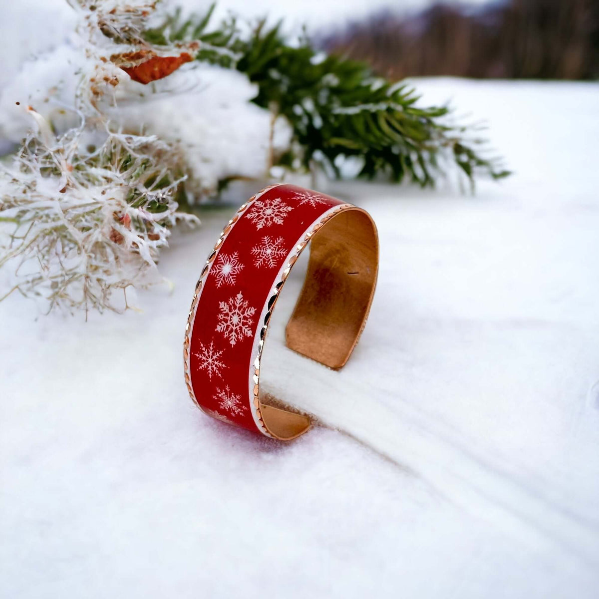 Close-up of the copper texture on festive copper snowflake Christmas bracelet