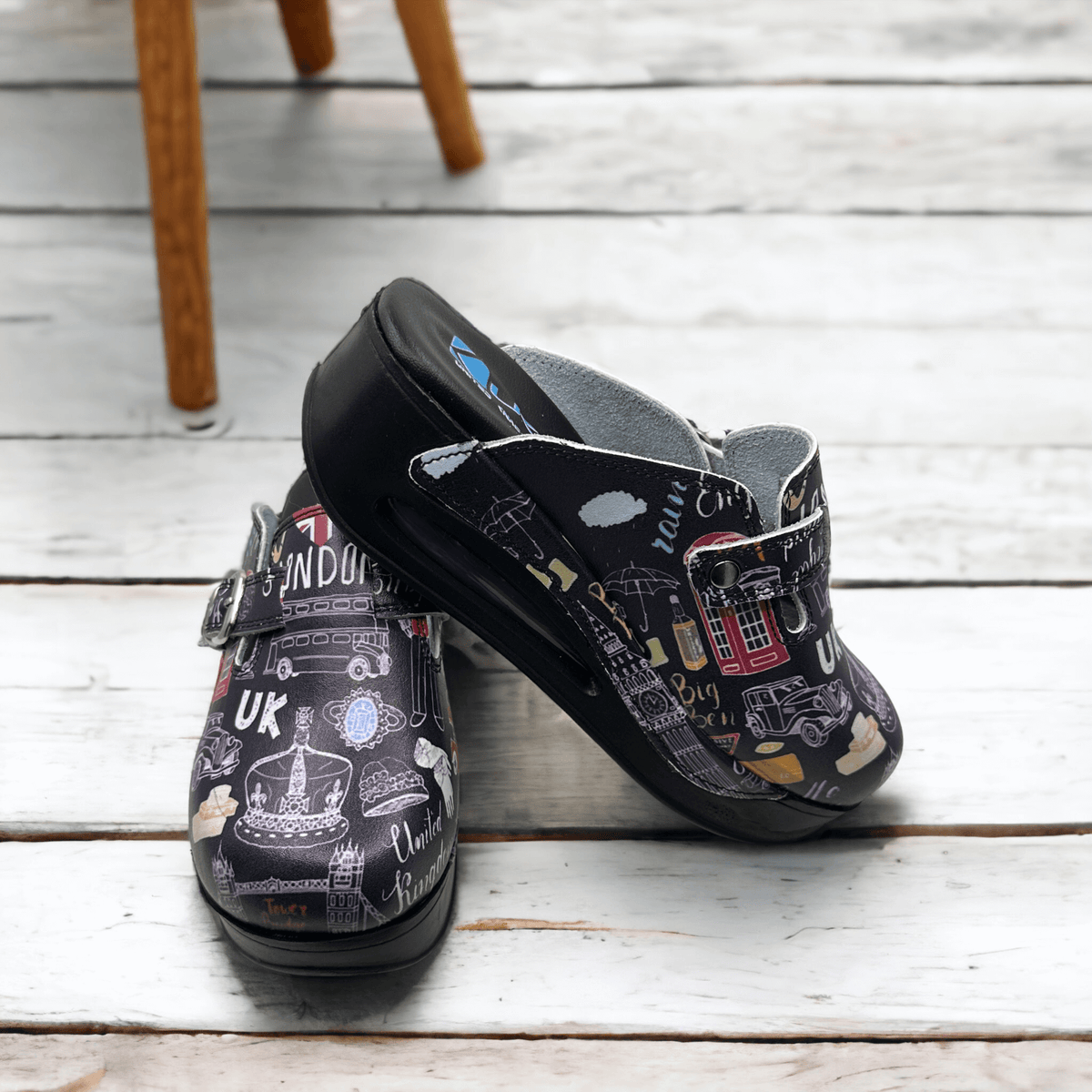 London design leather clog slippers with an Air Clogx 224 sole worn on the foot