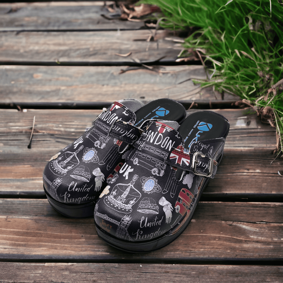 Sole and tread detail of London design leather clog slippers with an Air Clogx 224 sole