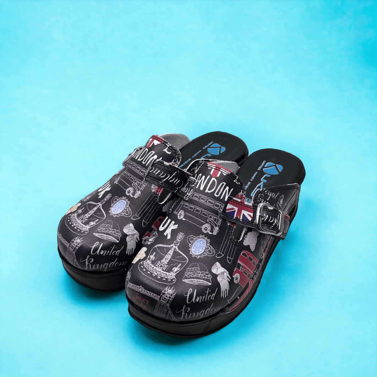 Top-down view of London design leather clog slippers with an Air Clogx 224 sole