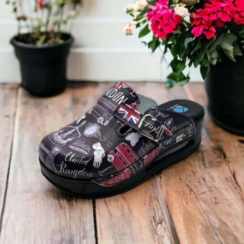 Front view of London design leather clog slippers with an Air Clogx 224 sole