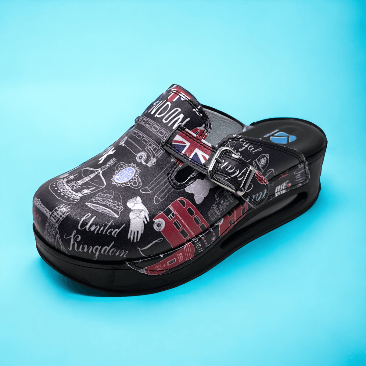 Strap and buckle detail on London design leather clog slippers with an Air Clogx 224 sole