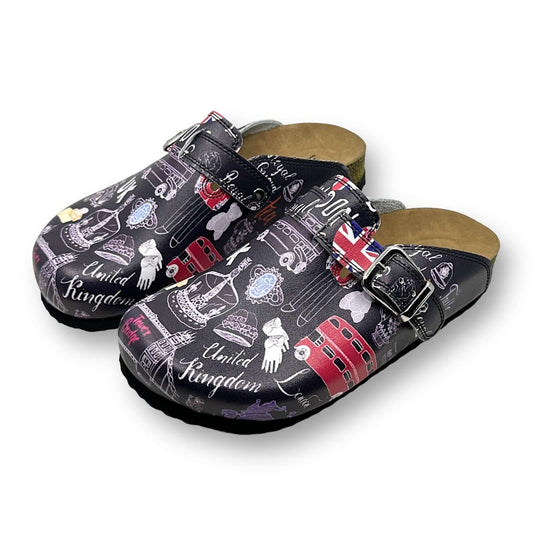 Front view of handmade unisex orthopedic London design leather clogs with a cork sole