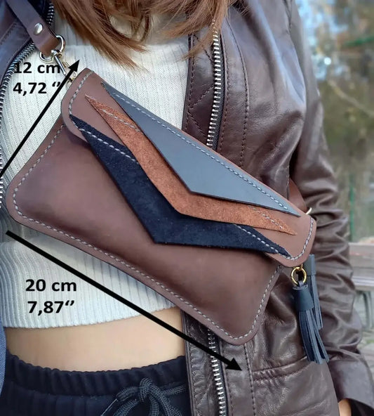 Side profile of triangle brown leather belt bum bag