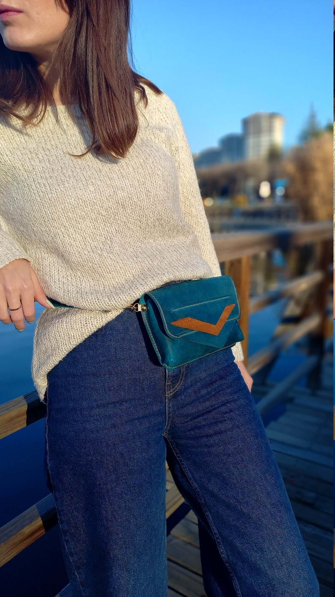 Interior view of artisan blue leather waist bum bag in style 01