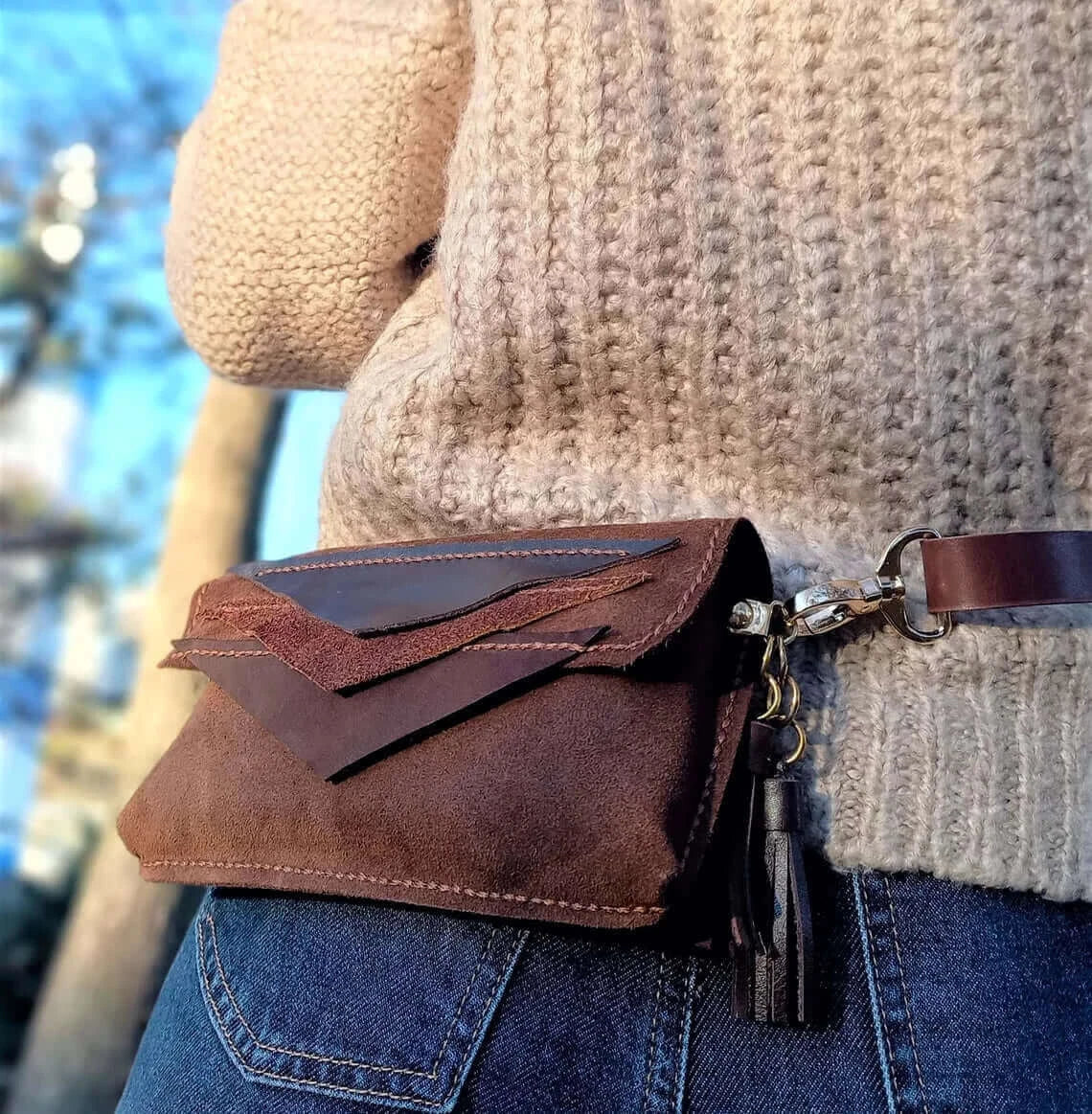 Triangle brown leather belt bum bag in style 01 worn at the waist