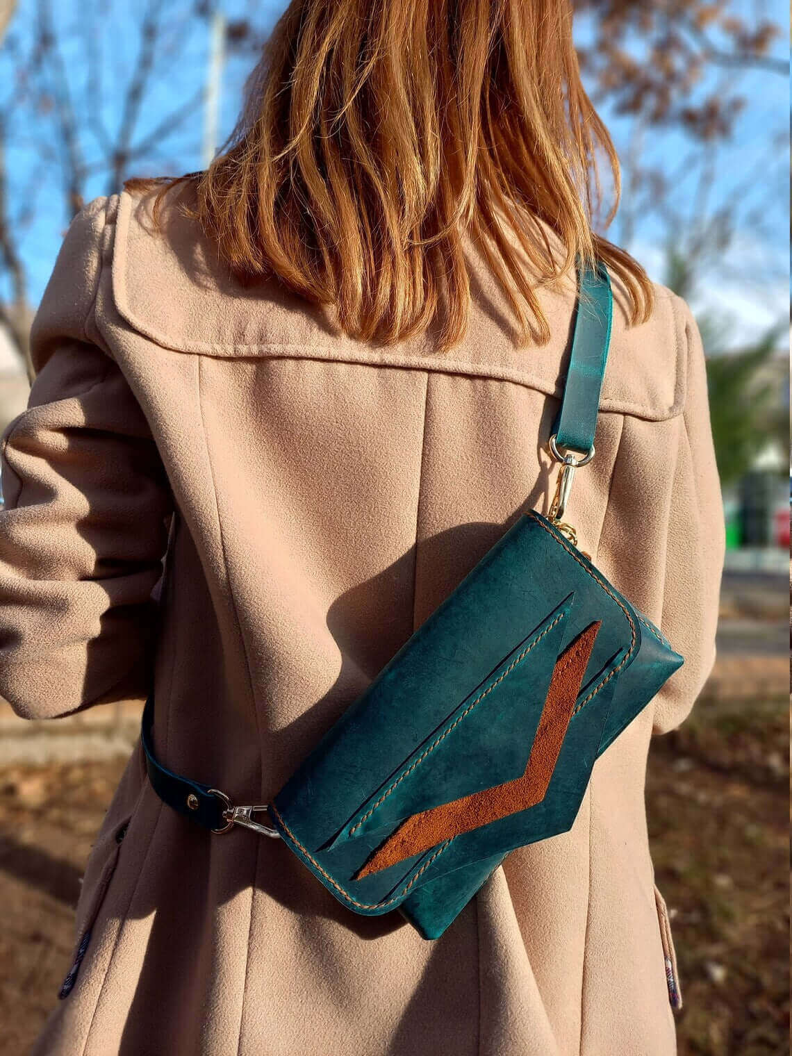 Top-down view of artisan blue leather waist bum bag in style 01