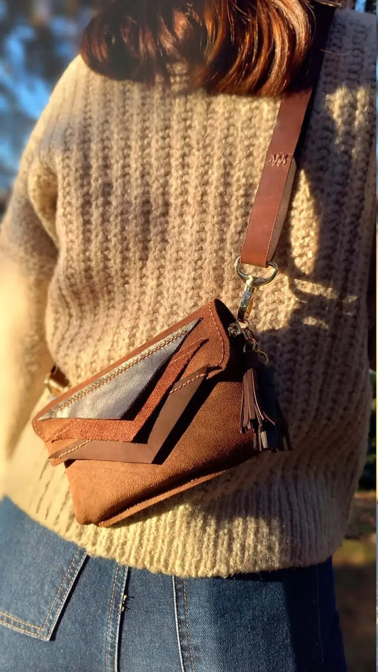 Side profile of triangle brown leather belt bum bag in style 01
