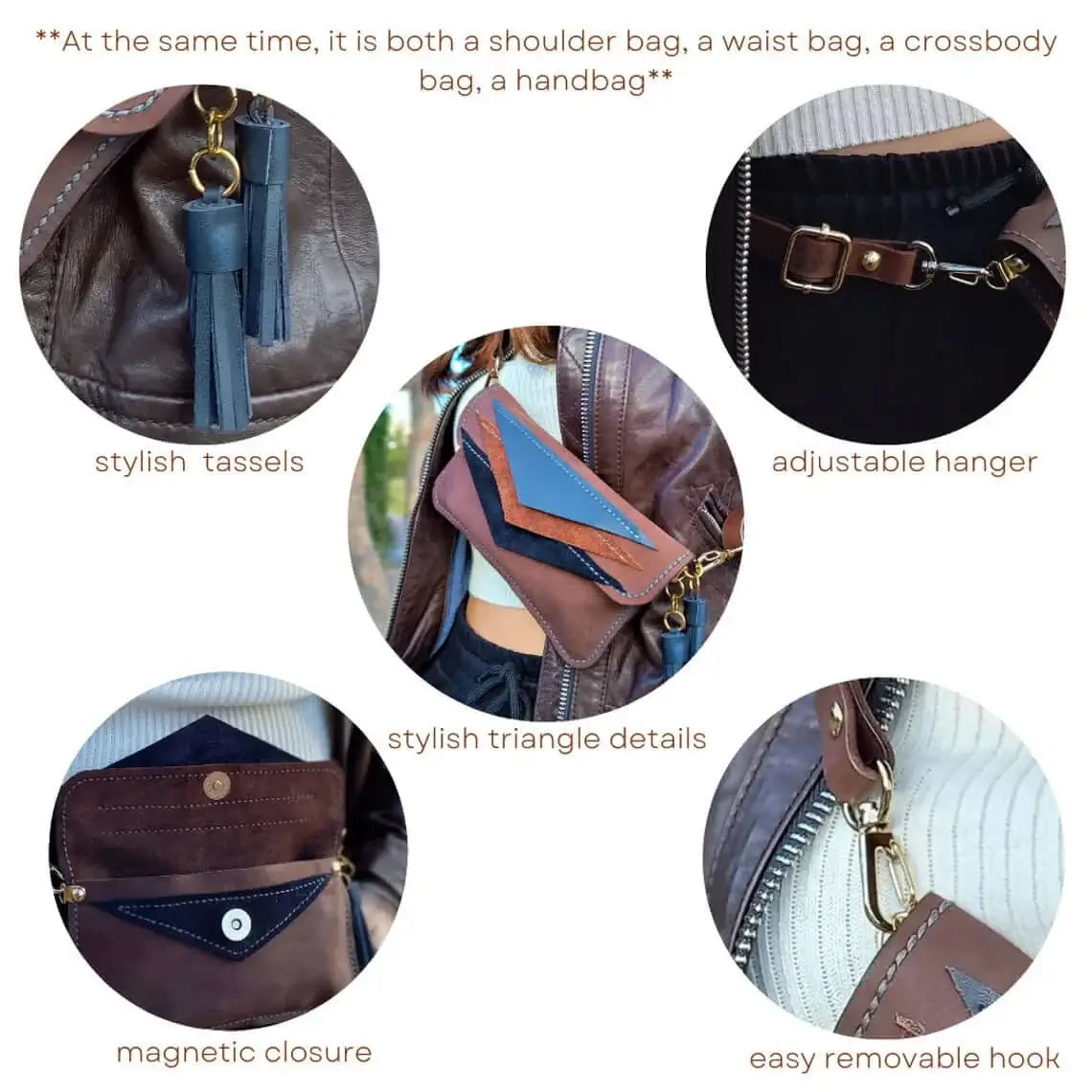 Close-up of the stitching on triangle brown leather belt bum bag