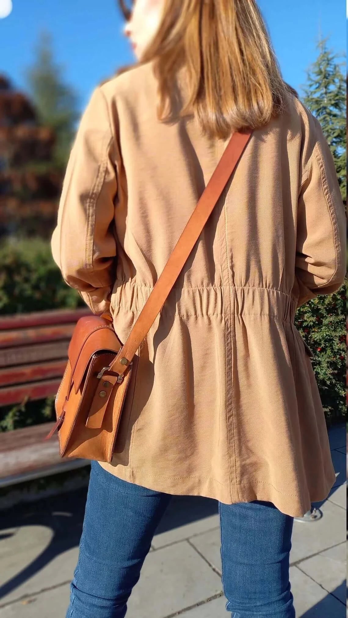 Interior view of genuine tan leather belt bum bag