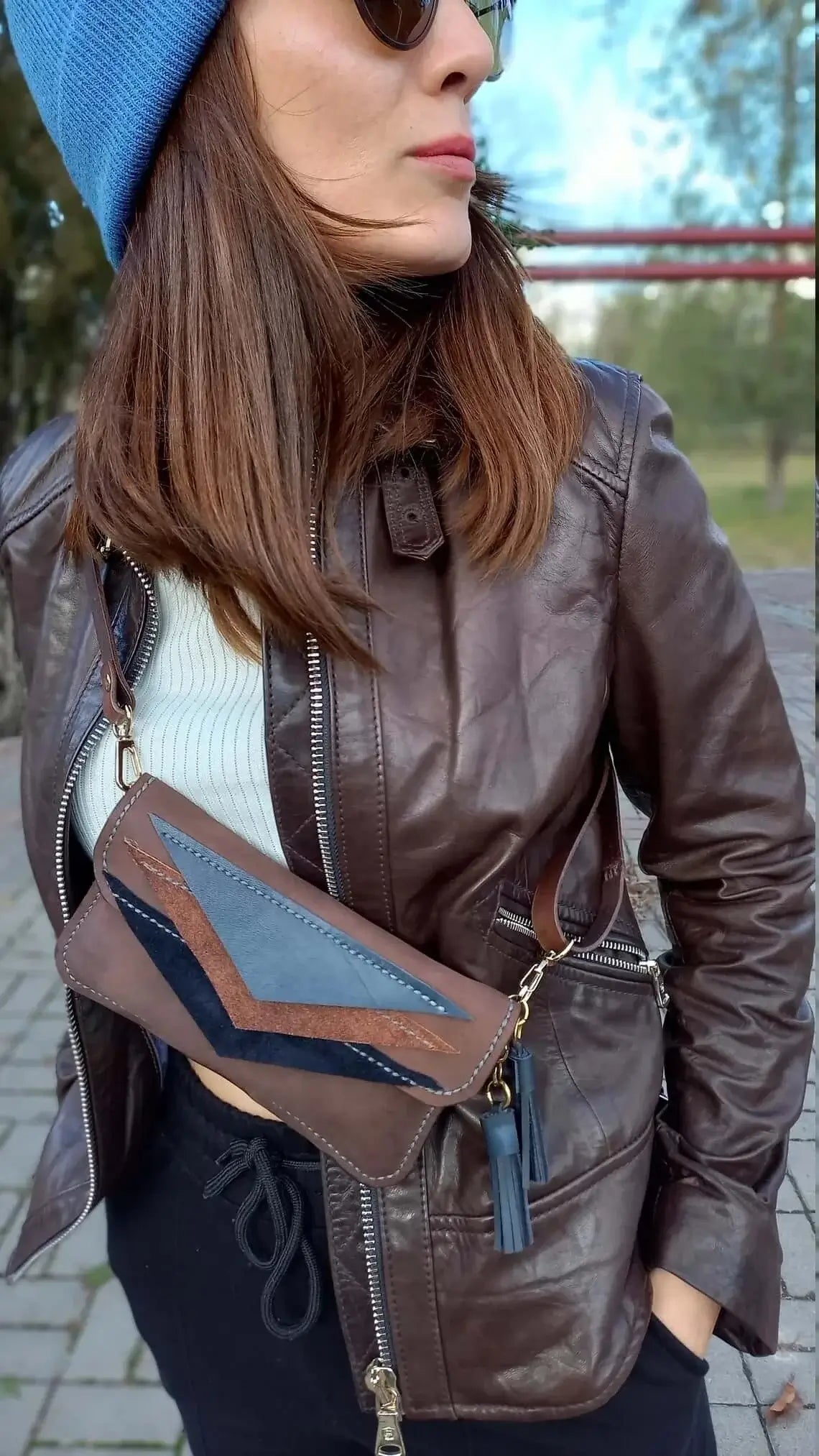 Interior view of triangle brown leather belt bum bag