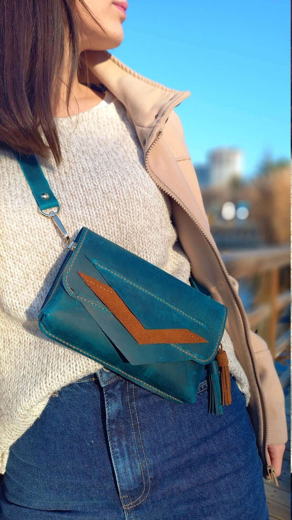 Front view of artisan blue leather waist bum bag in style 01