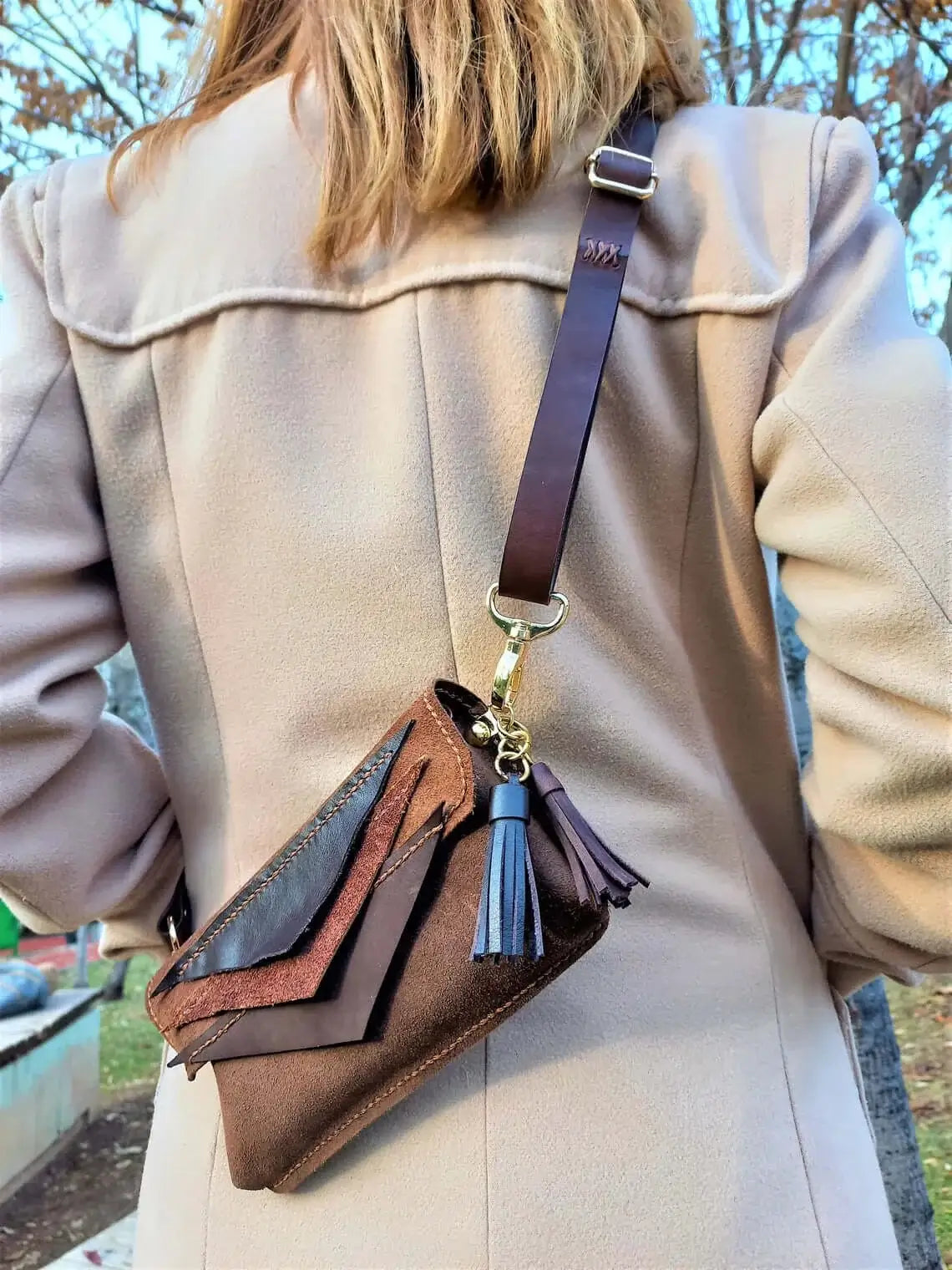 Interior view of triangle brown leather belt bum bag in style 01