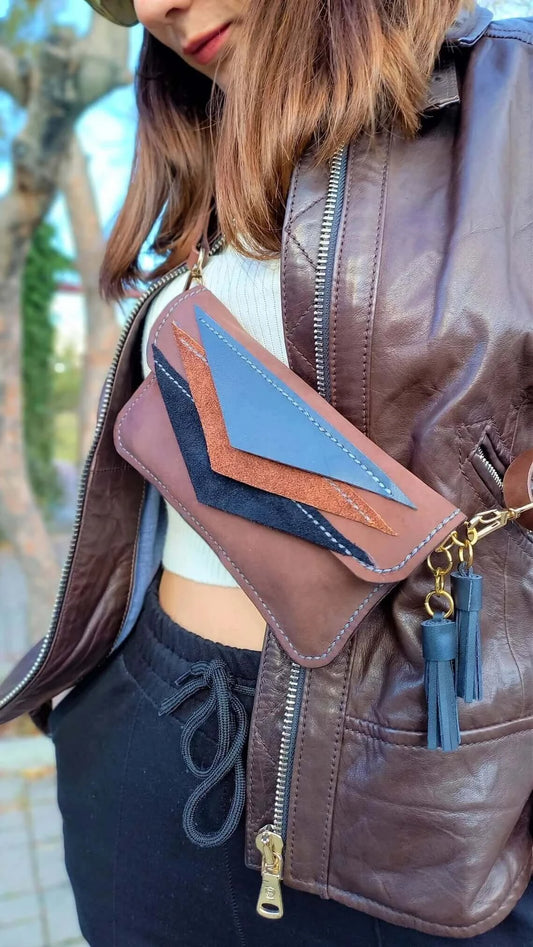 Front view of triangle brown leather belt bum bag