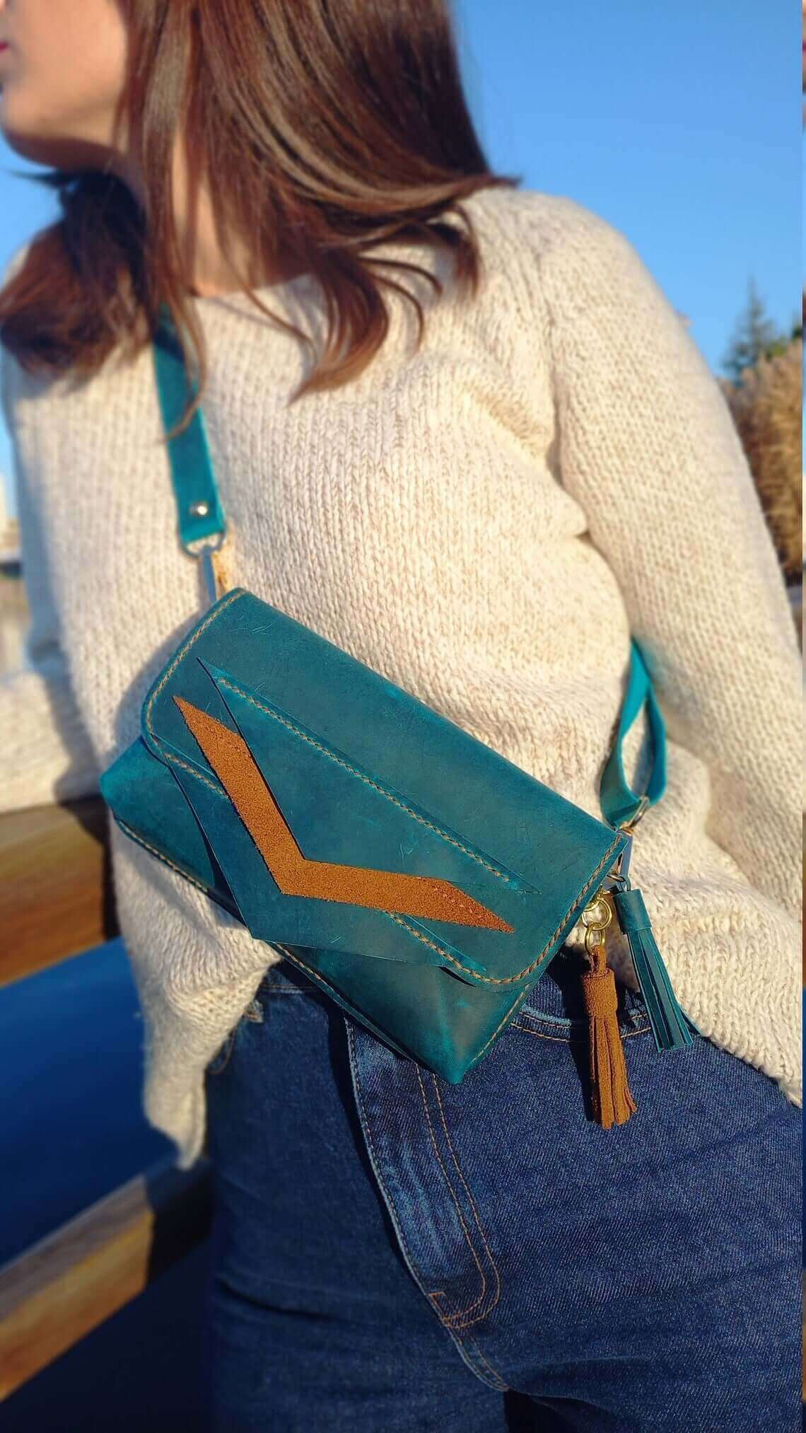 Back view of artisan blue leather waist bum bag in style 01