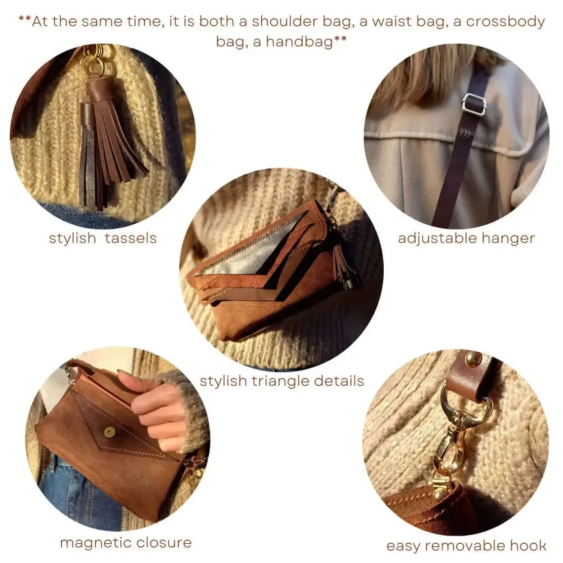 Top-down view of triangle brown leather belt bum bag in style 01