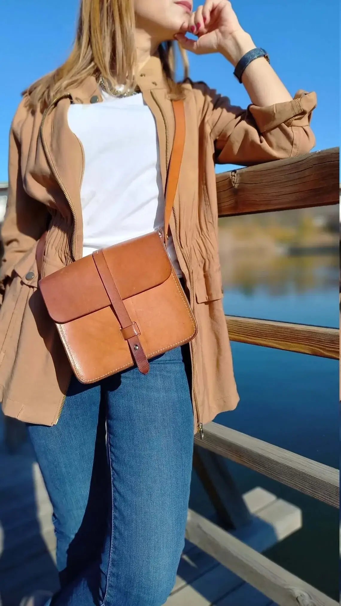Side profile of genuine tan leather belt bum bag