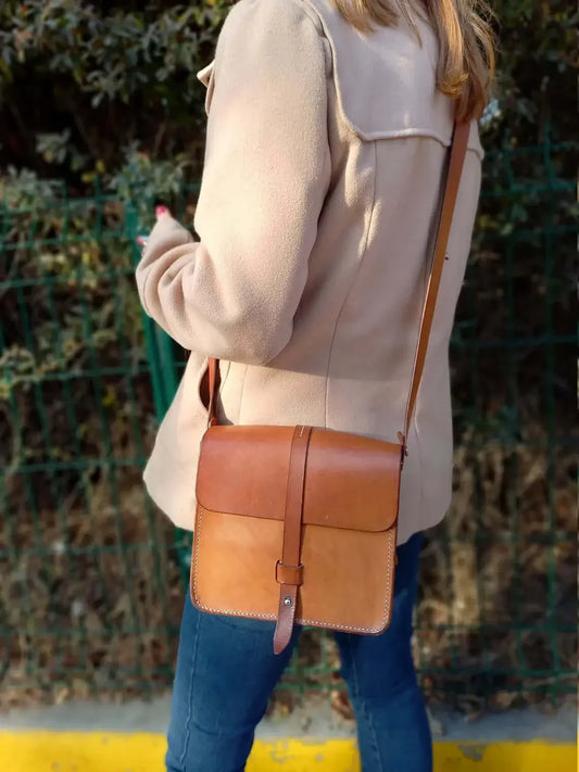 Front view of genuine tan leather belt bum bag