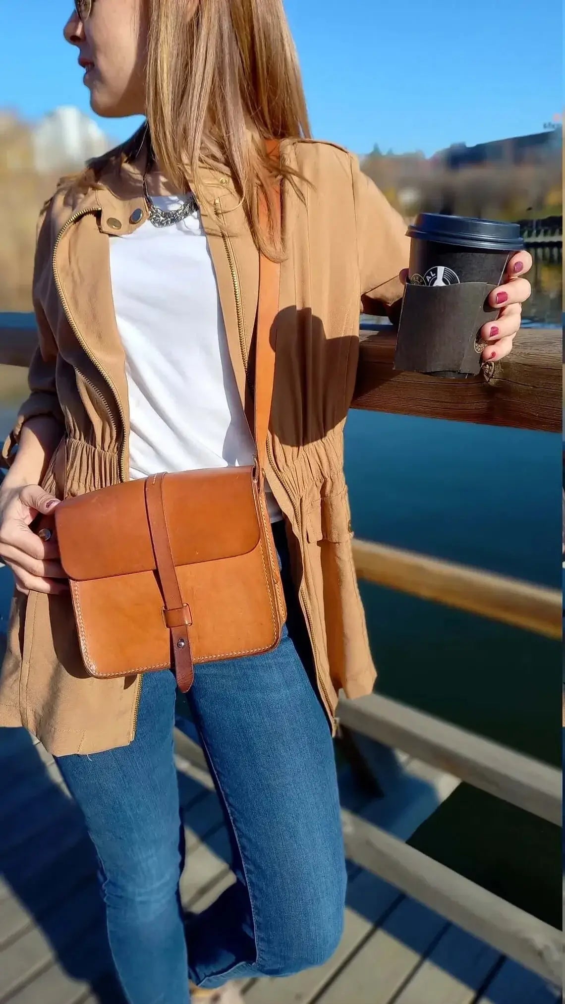 Angled three-quarter view of genuine tan leather belt bum bag