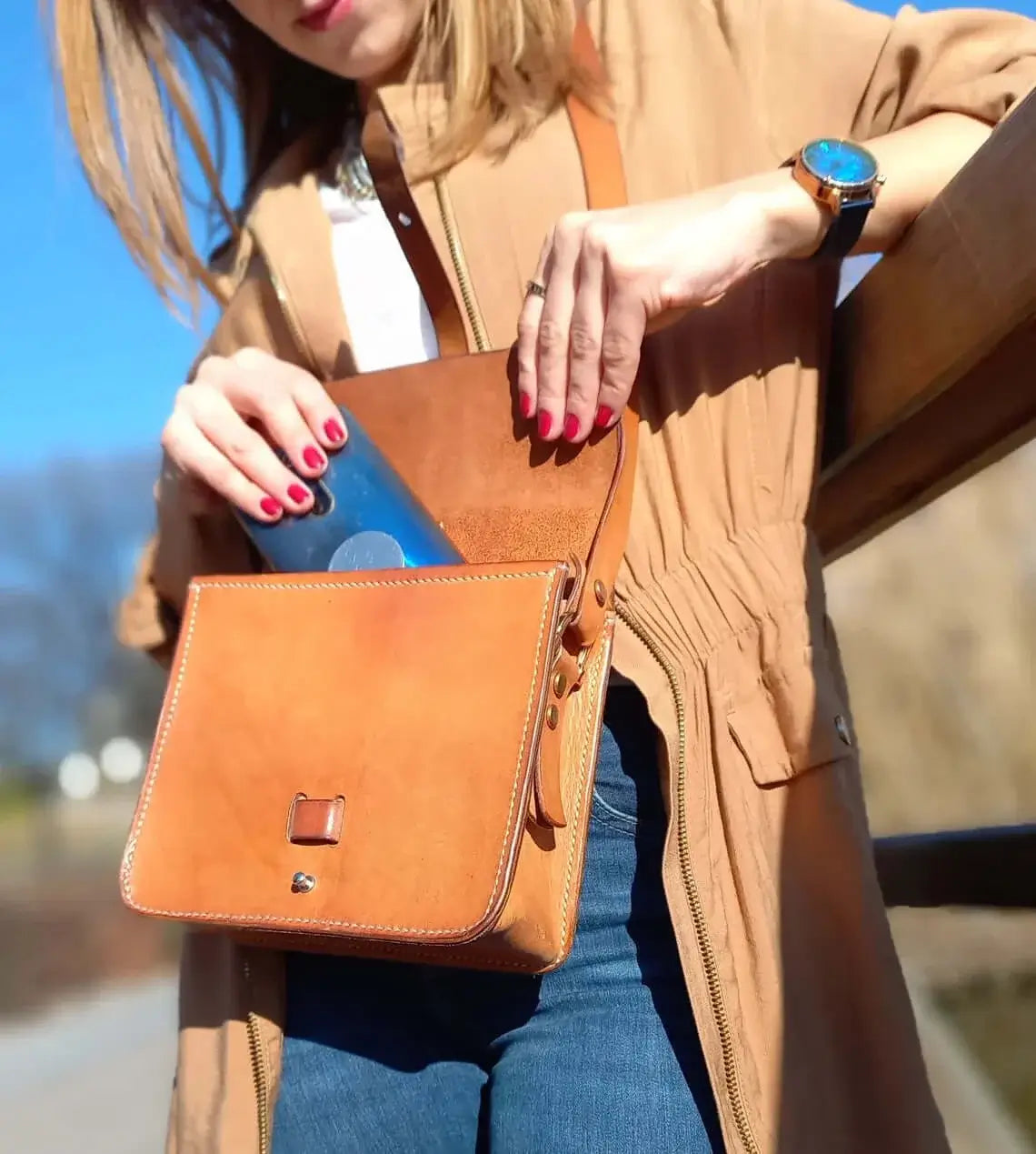 Back view of genuine tan leather belt bum bag