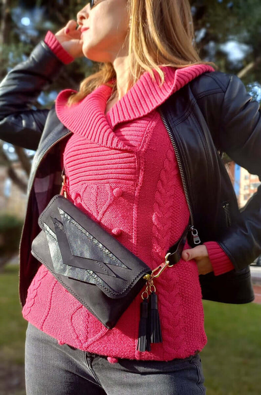 Front view of handmade black leather waist bum bag