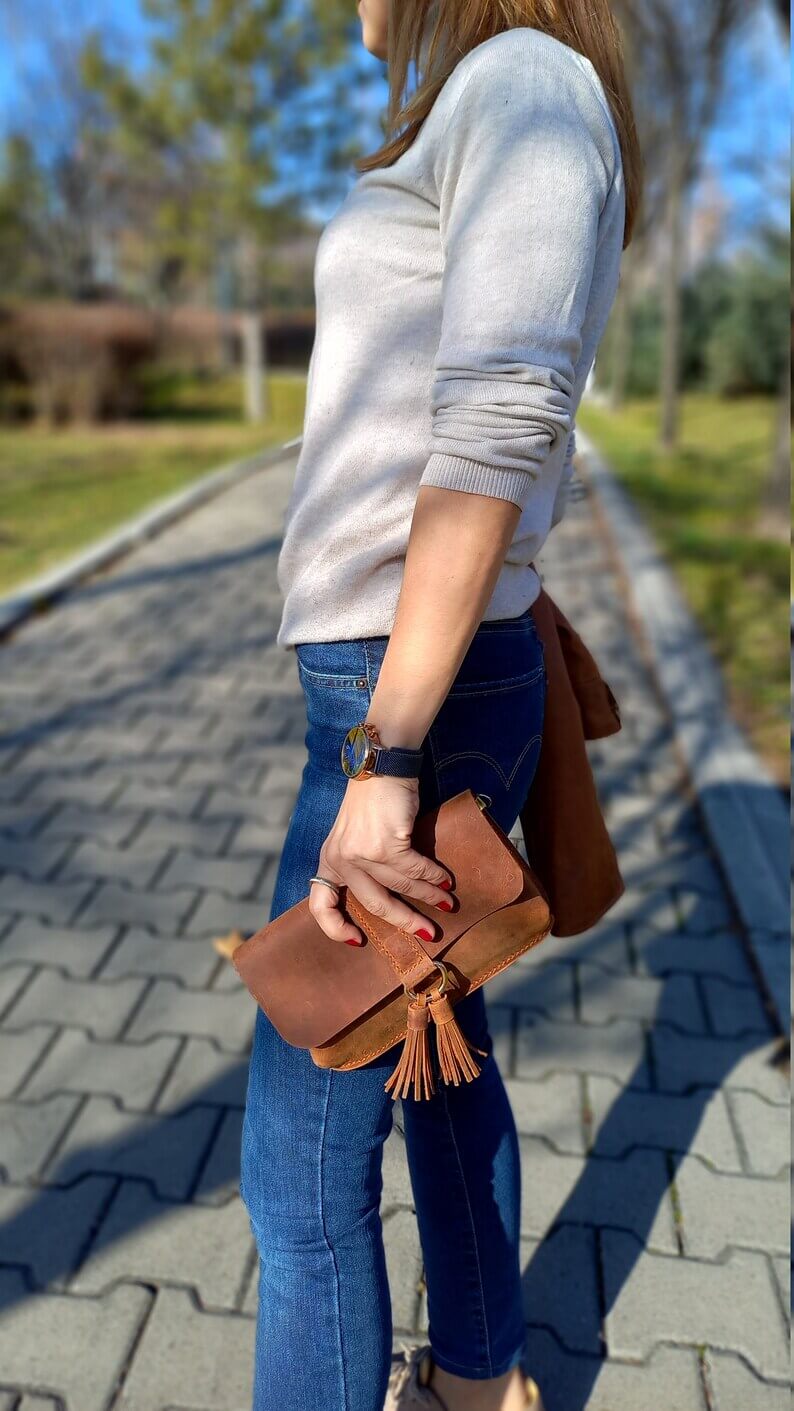 Interior view of handcrafted artisan tan leather crossbody bag