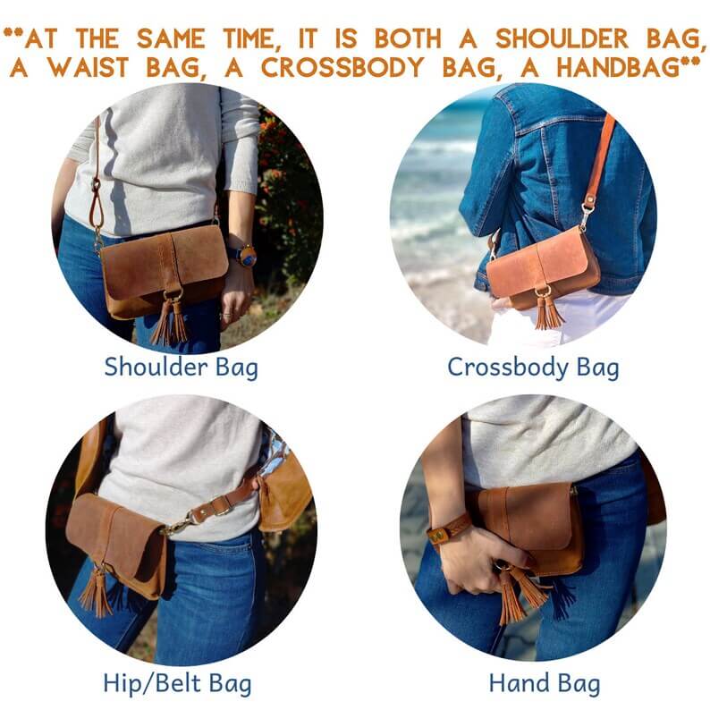 Back view of handcrafted artisan tan leather crossbody bag