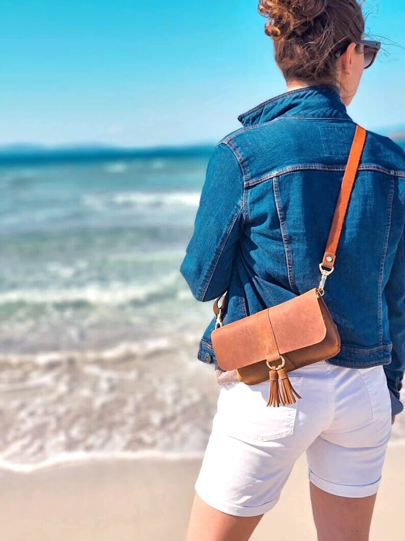 Strap and fastening detail on handcrafted artisan tan leather crossbody bag
