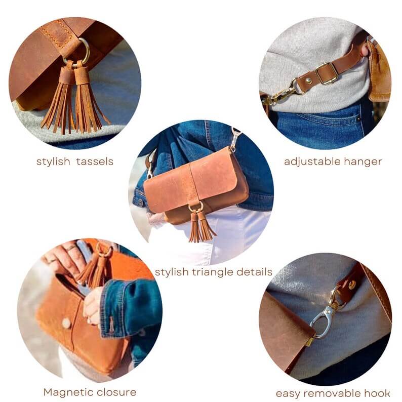 Handcrafted artisan tan leather crossbody bag worn across the body