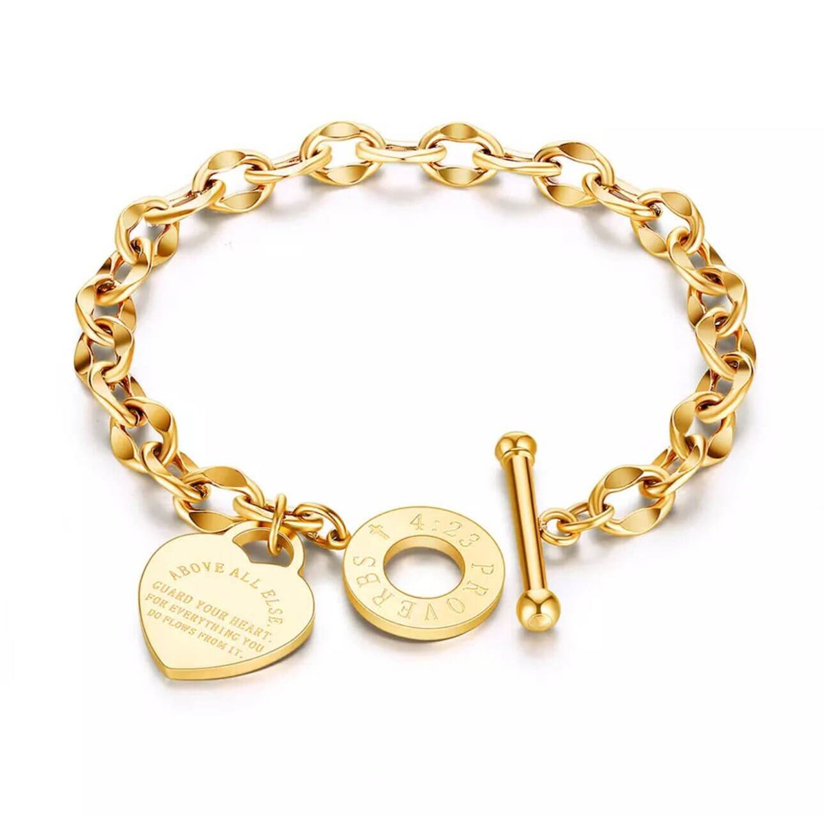 Heart charm chain bracelet with a steel toggle clasp resting on a light surface