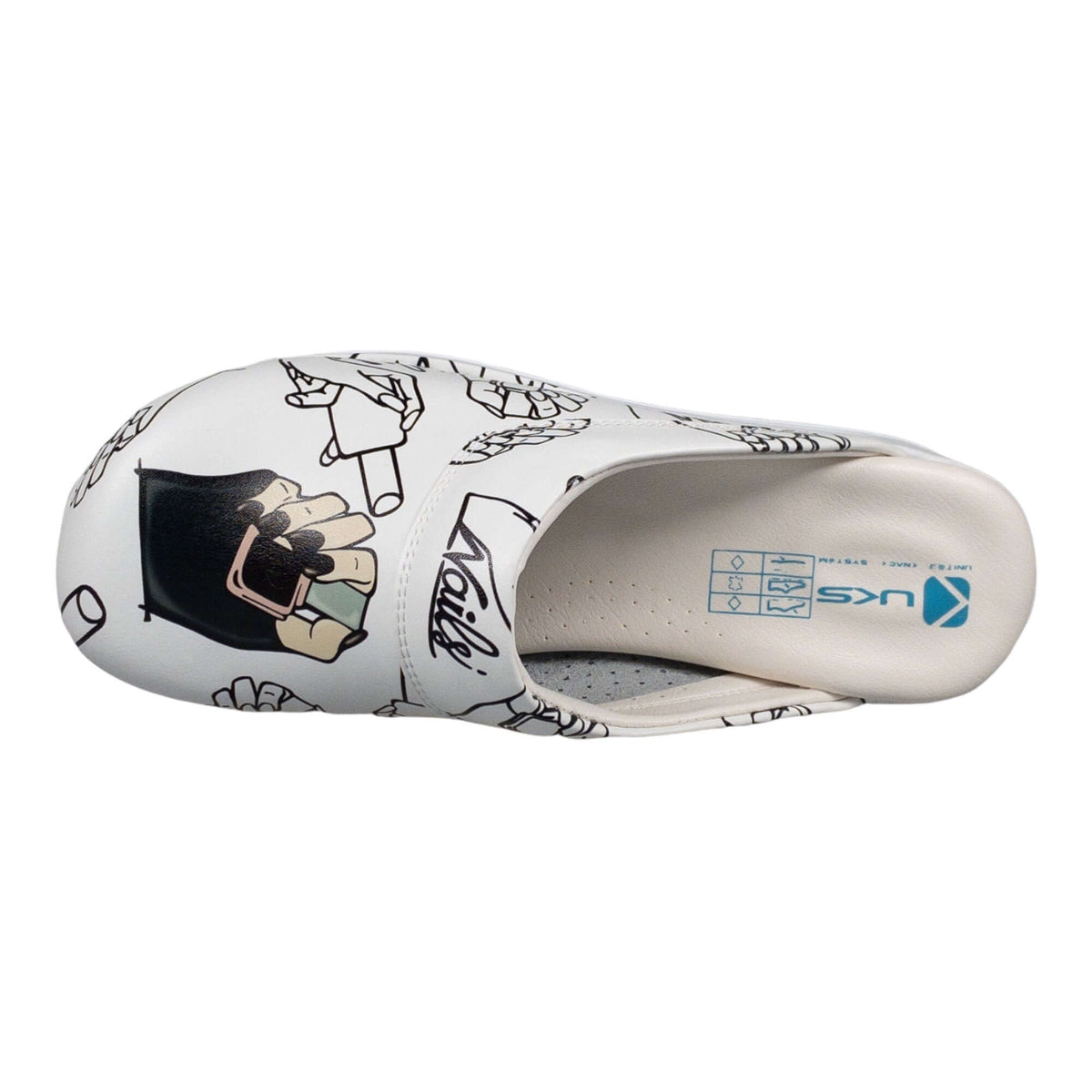 Close-up of the printed design on handmade nail pattern leather clogs with an Air Clogx sole