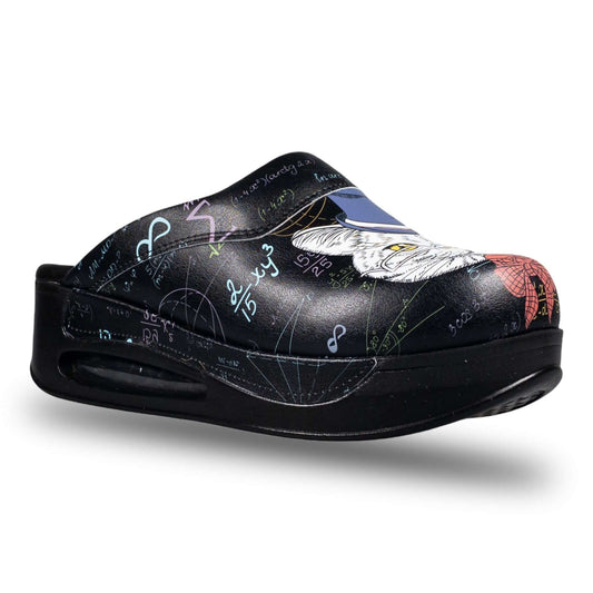 Front view of handmade professor cat design leather clogs with an Air Clogx sole