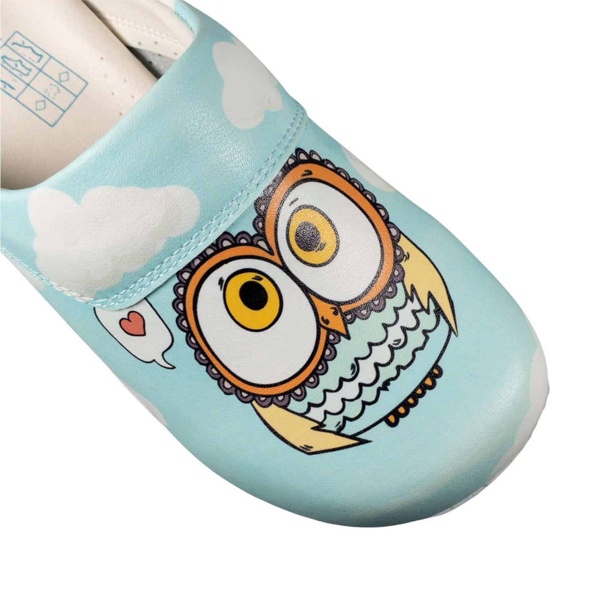 Top-down view of handmade blue owl design leather clog slippers with an Air Clogx sole