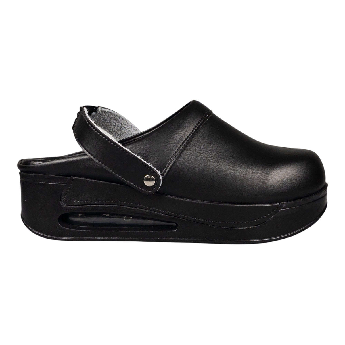 Strap and buckle detail on black leather back strap clogs with an Air Clogx sole