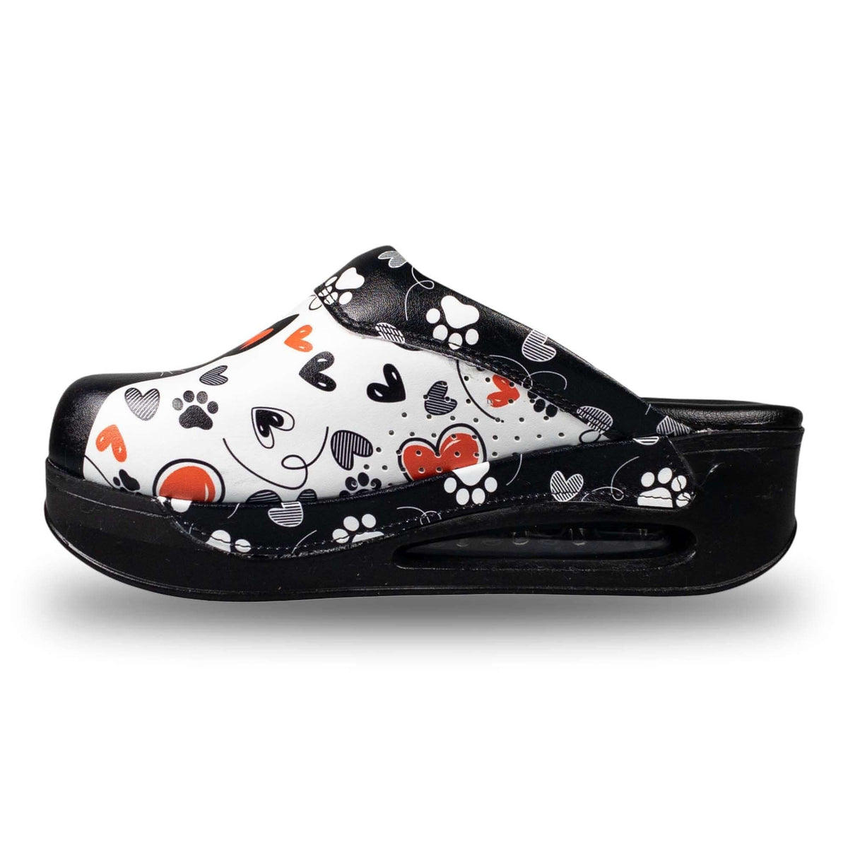 Footbed detail of handmade black cat design leather clog slippers with an Air Clogx sole