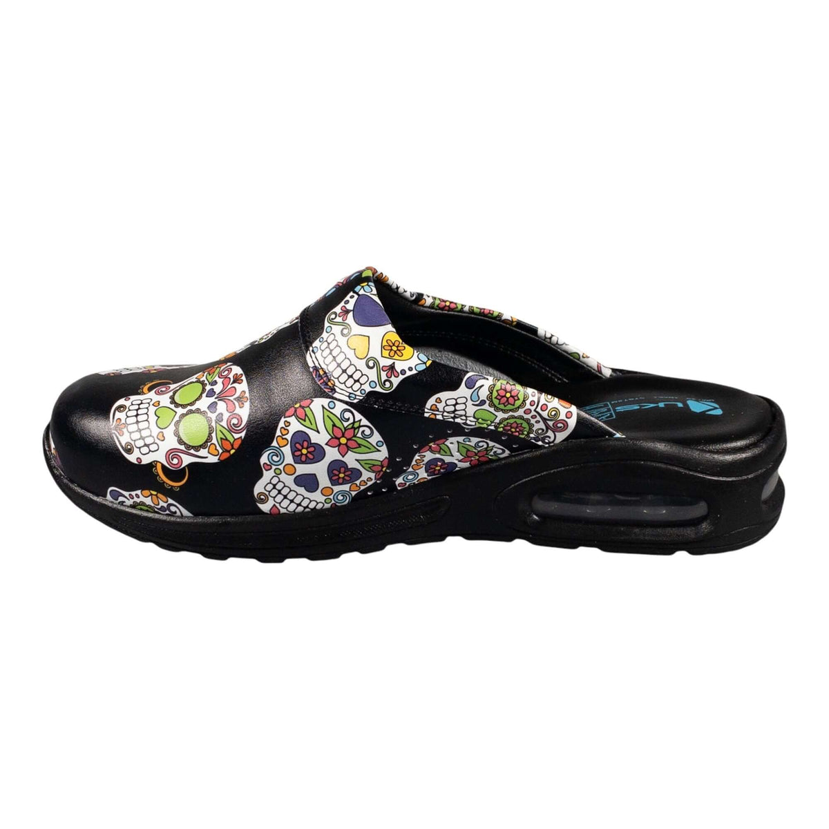 Footbed detail of unisex skull and flower design leather clogs with a light sole