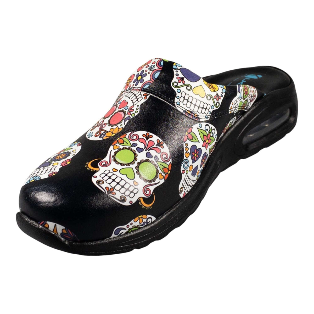 Top-down view of unisex skull and flower design leather clogs with a light sole