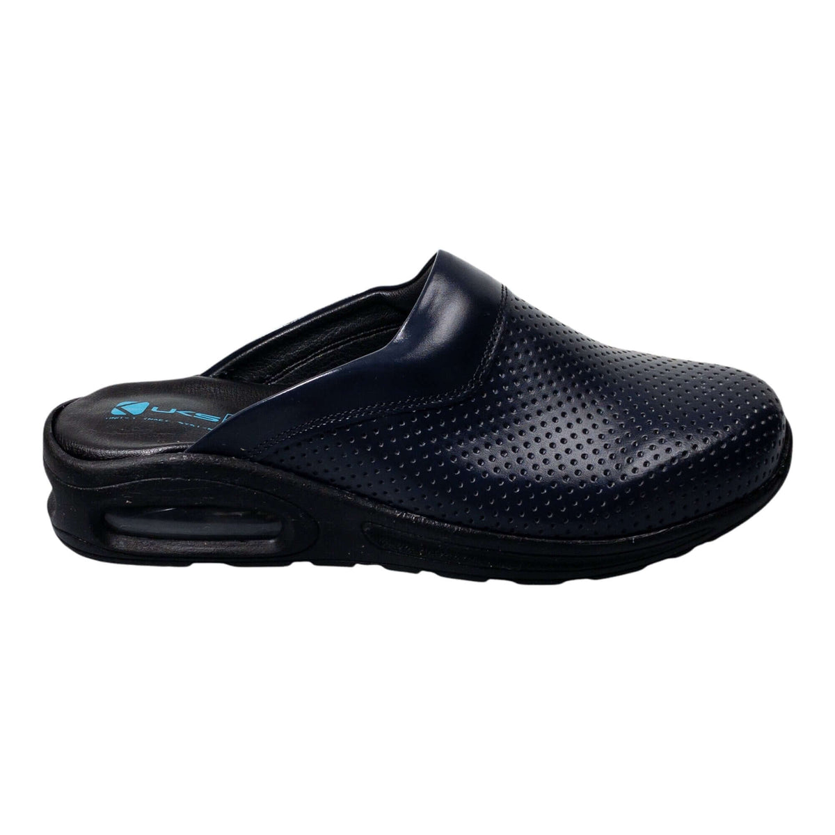 Navy blue leather clogs with a light Air Clogx sole worn on the foot
