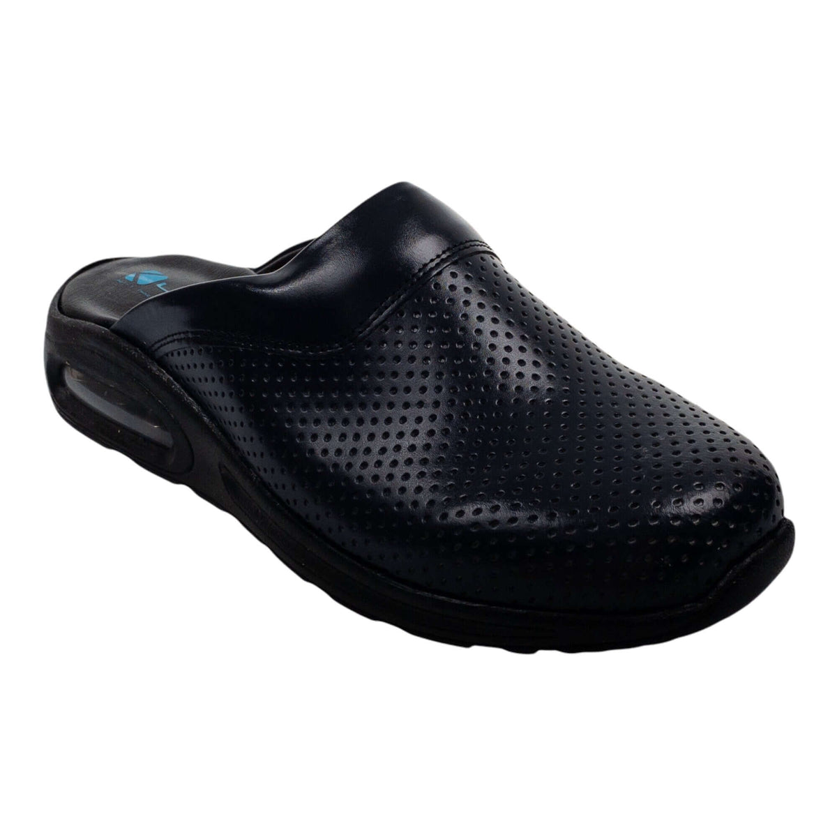 Sole and tread detail of navy blue leather clogs with a light Air Clogx sole