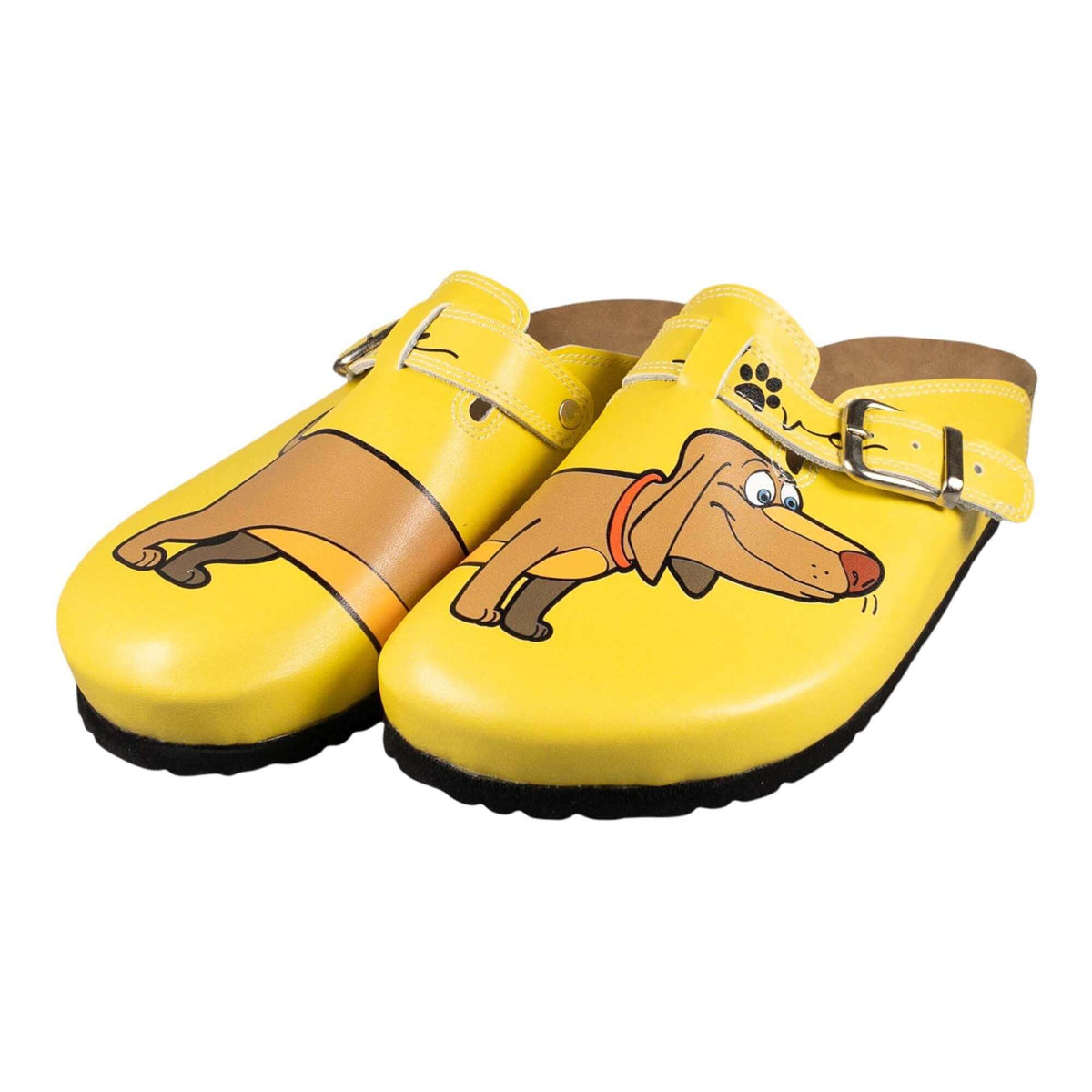Heel and back view of the sausage dog leather cork sole clogs