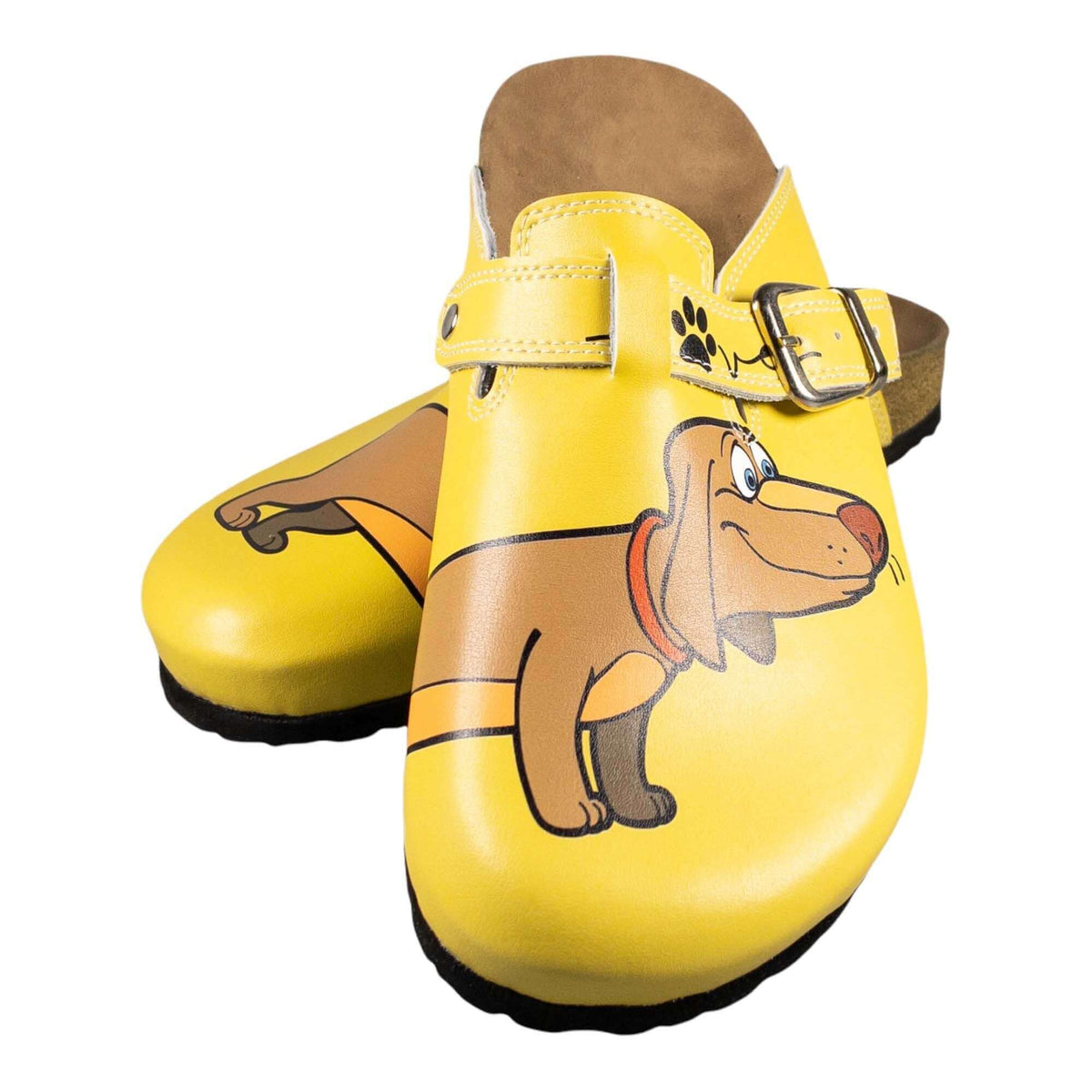 Close-up of the printed leather grain on sausage dog clogs