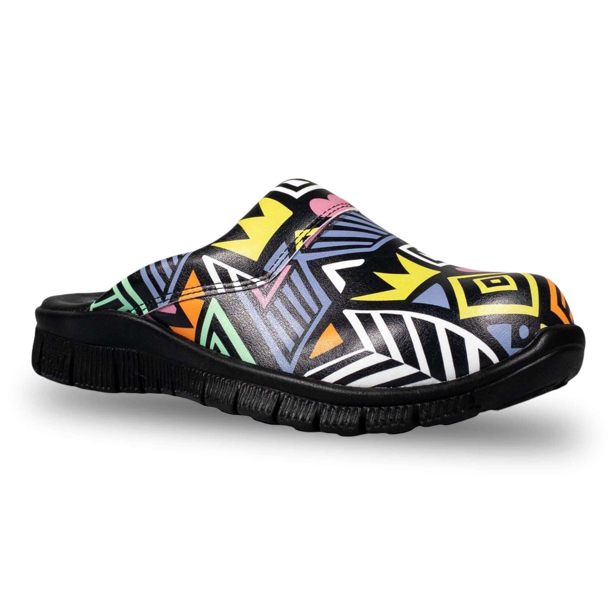 Top-down view of handmade unisex colourful leather clogs with a Comfortflex sole