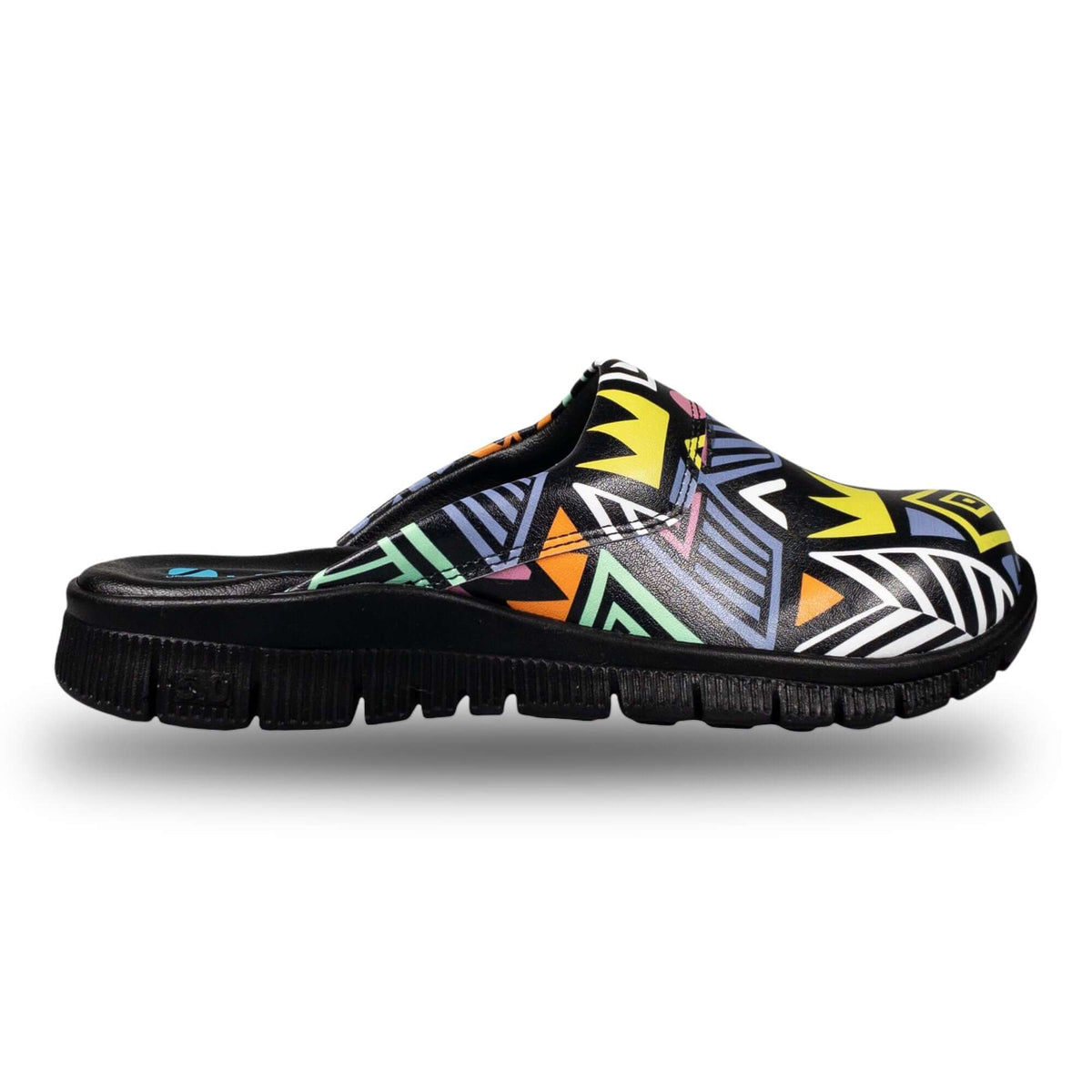 Footbed detail of handmade unisex colourful leather clogs with a Comfortflex sole