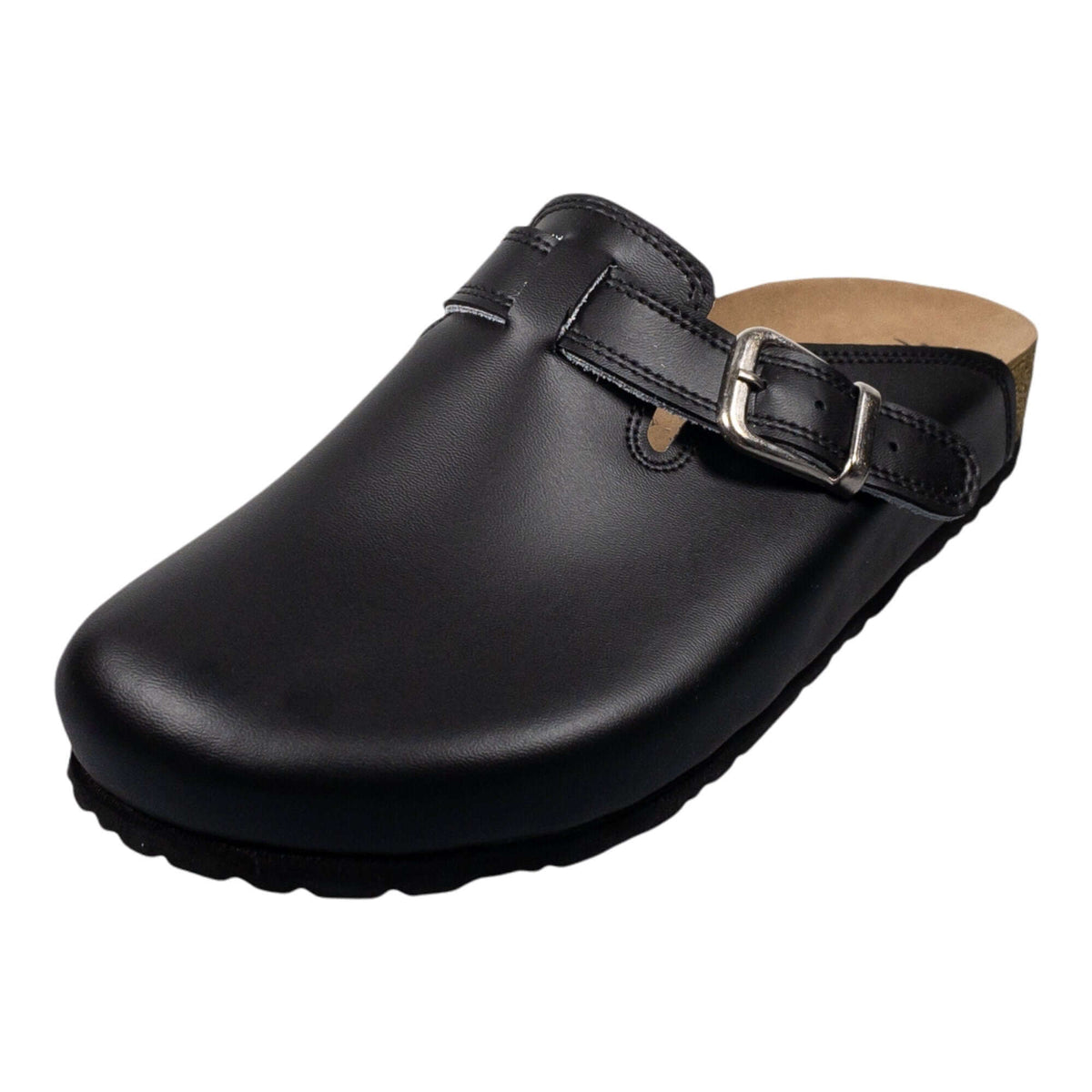 Black leather clogs with cork sole, front view