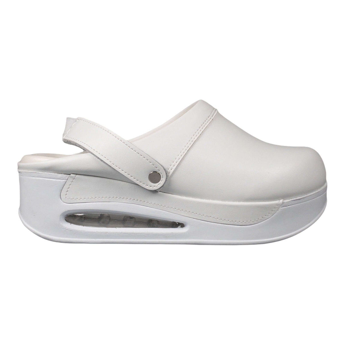 Side profile of handmade white leather clogs with a breathable Air Clogx sole