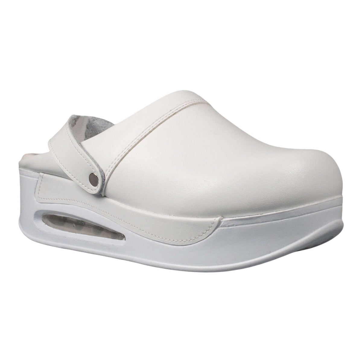 Front view of handmade white leather clogs with a breathable Air Clogx sole