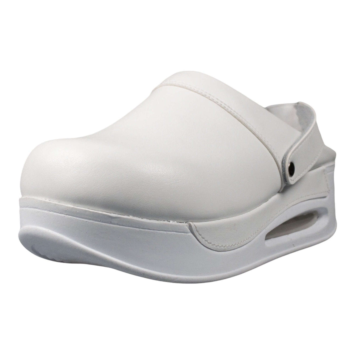 Handmade white leather clogs with a breathable Air Clogx sole worn on the foot